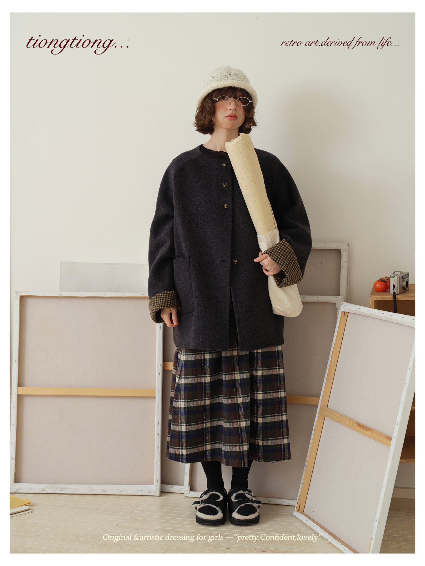 △ダブルフェイスウール×キャメルで暖か ドロップショルダーゆったり  ノーカラーコート△