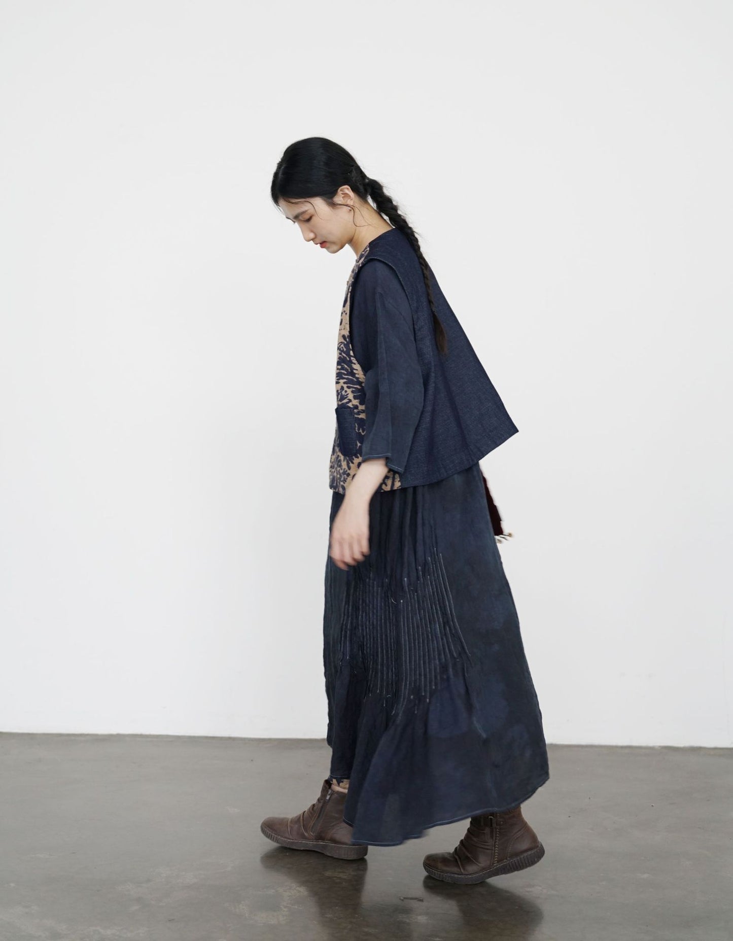 ✩バティック柄 ボタニックプリント リネン 切り替え中綿ベスト☆