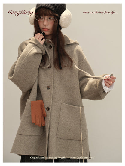 3色展開◇ダブルフェイス カシミア×メリノウールで暖かドロップショルダーゆったり フーディーコート◇