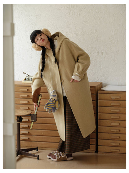◇ダブルフェイス メリノウールで暖かドロップショルダーゆったり フーディーコート◇