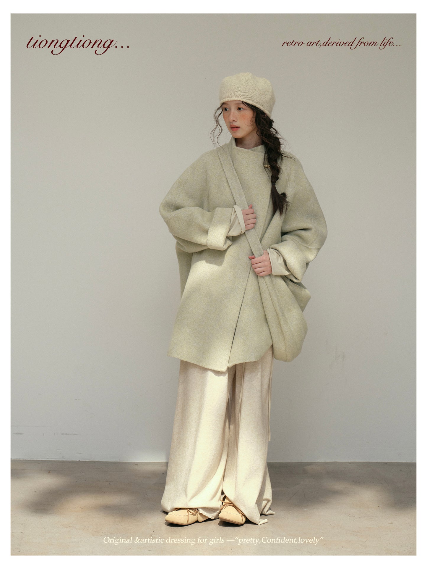 3色展開◇ダブルフェイス ウール×キャメルウールで暖かドロップショルダーゆったりコート◇バッグ付き