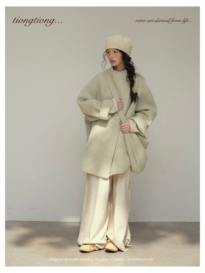 3色展開◇ダブルフェイス ウール×キャメルウールで暖かドロップショルダーゆったりコート◇バッグ付き