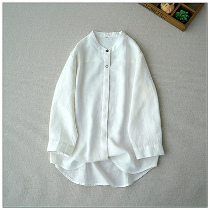 4色展開☆ゆったりシルエットリネン ステッチデザイン バンドカラーシャツ☆ M/L/XL