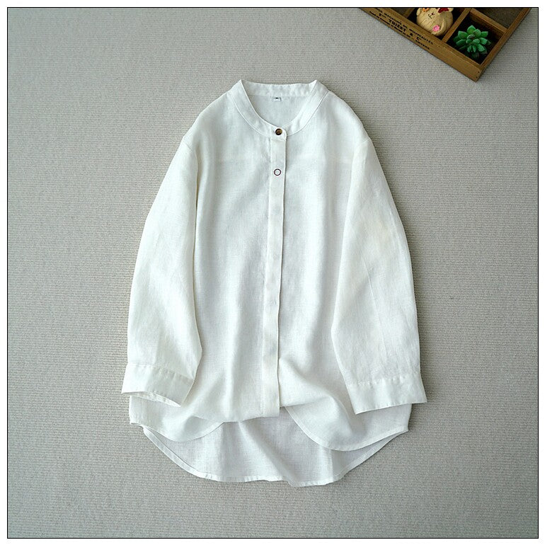 4色展開☆ゆったりシルエットリネン ステッチデザイン バンドカラーシャツ☆ M/L/XL