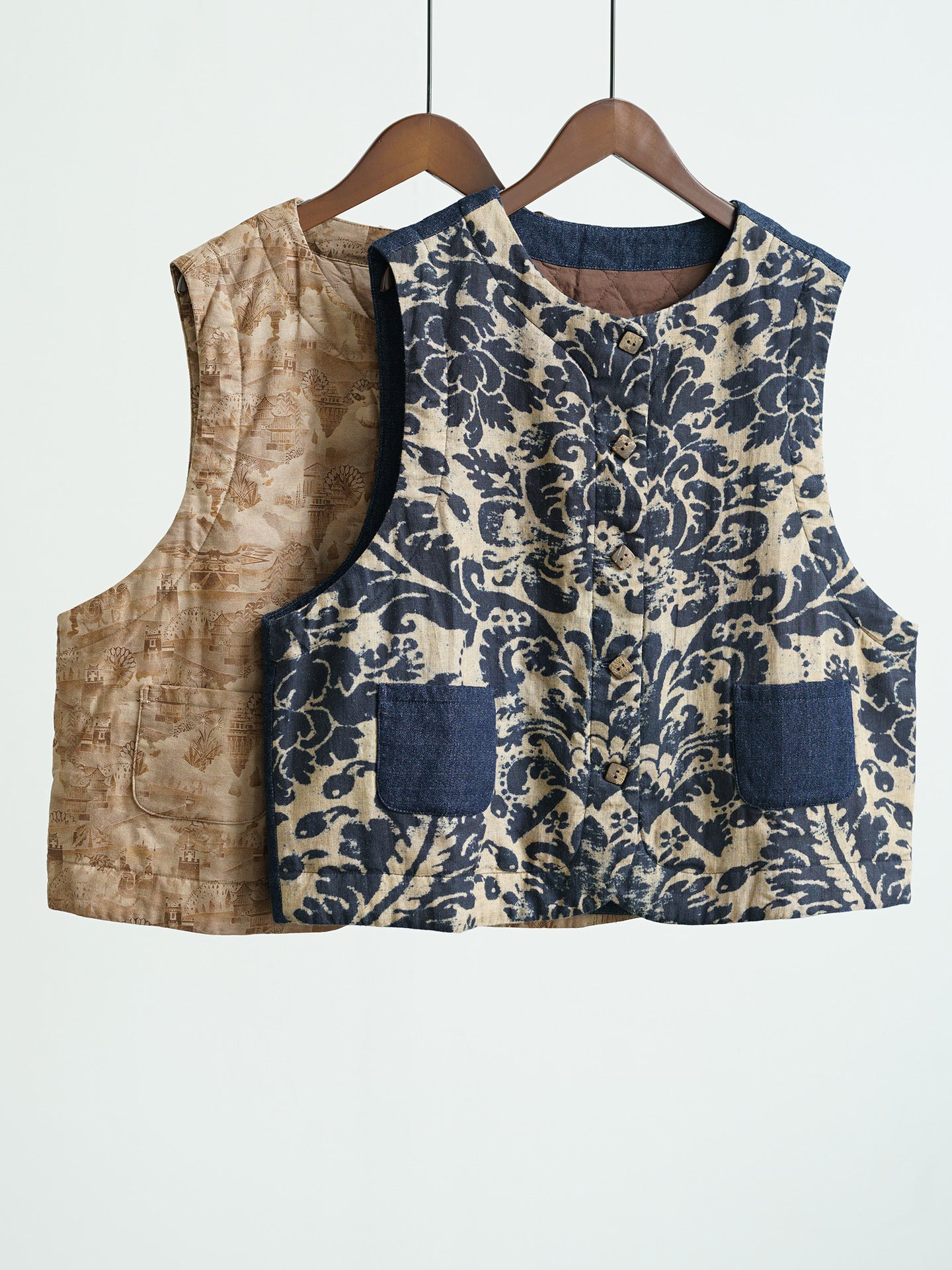 ✩バティック柄 ボタニックプリント リネン 切り替え中綿ベスト☆