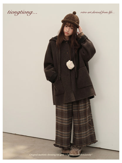 3色展開◇ダブルフェイス カシミア×メリノウールで暖かドロップショルダーゆったり フーディーコート◇