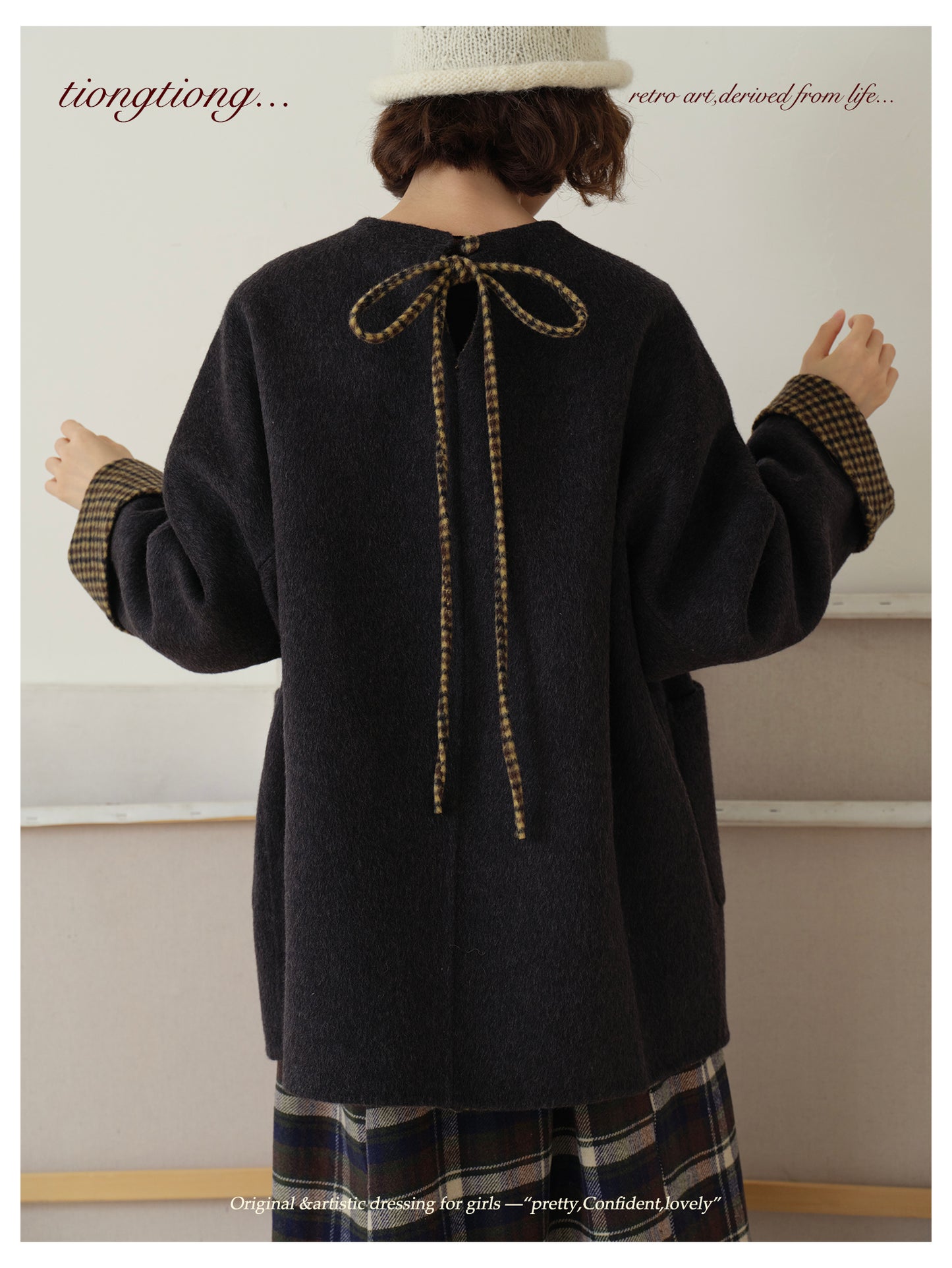 △ダブルフェイスウール×キャメルで暖か ドロップショルダーゆったり  ノーカラーコート△