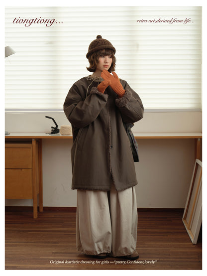 △裏地はたっぷりボアで暖か ドロップショルダーゆったり  ノーカラーコート△