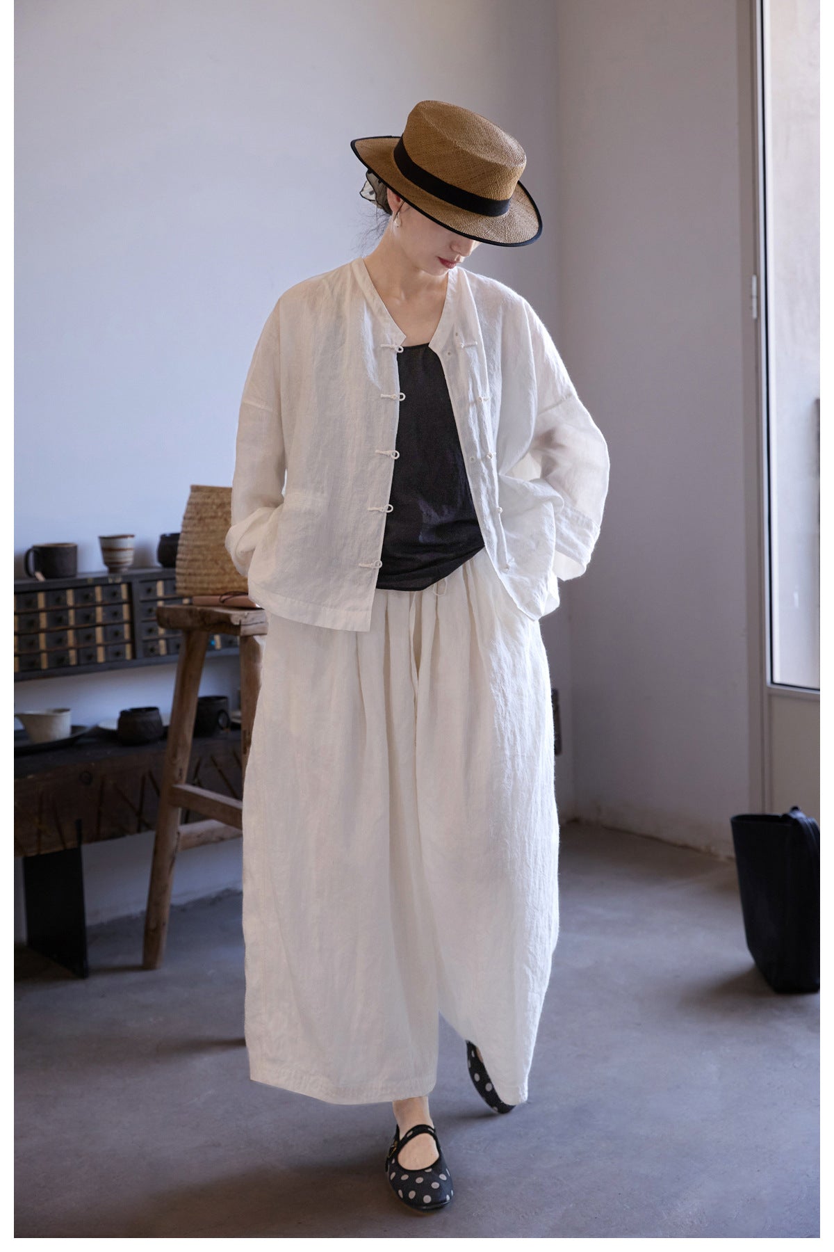 ◇リネンバンドカラー ゆったりシルエット ドロップショルダー チャイナボタン長袖 ブラウス◇