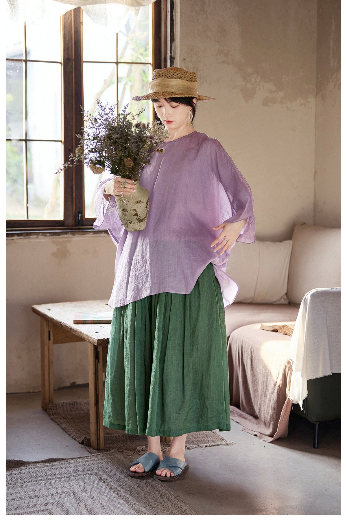 2色展開◇ゆったりシルエット ドロップショルダー オリエンタルデザイン チャイナボタン ラミー ブラウス◇S/M/Lサイズ