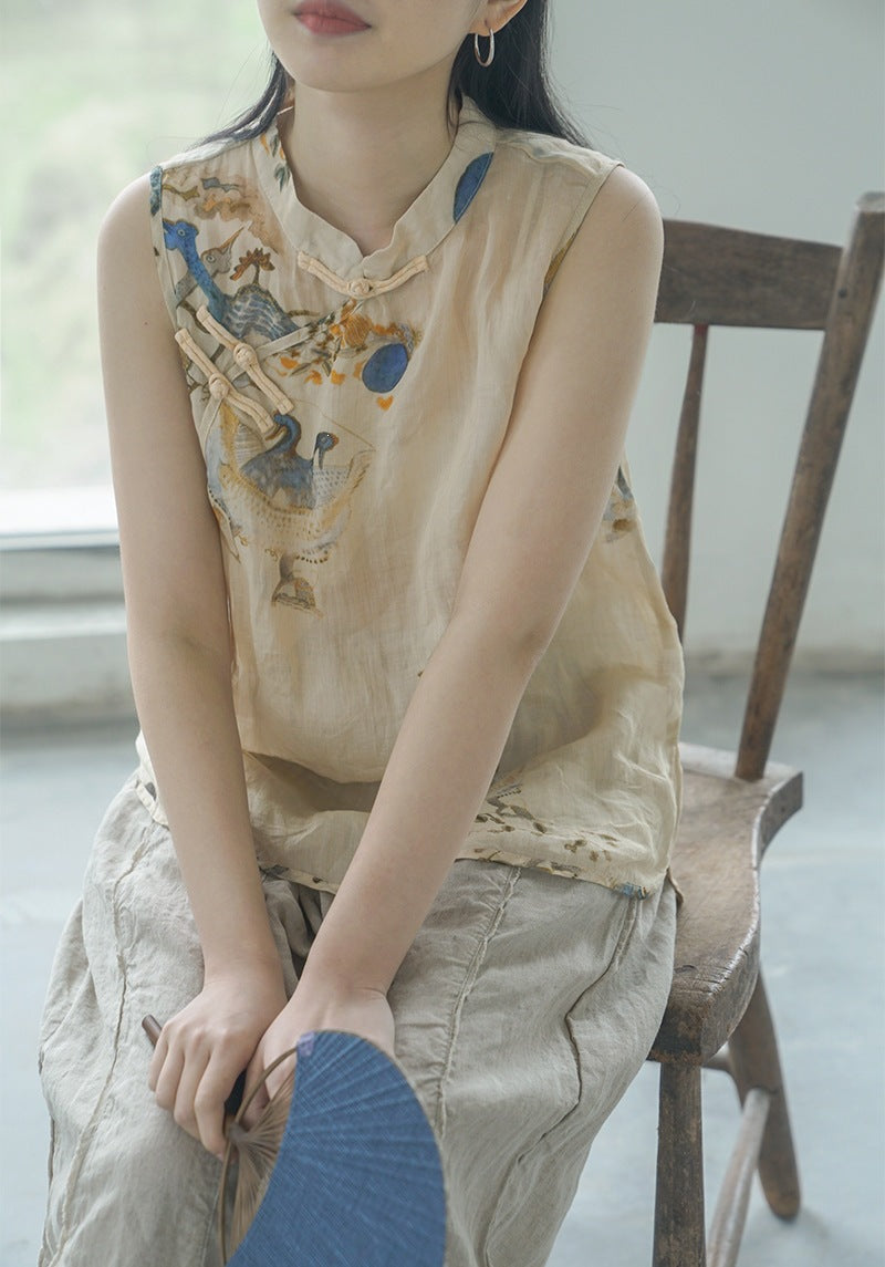 ◇水彩プリントが美しい ラミー オリエンタルデザイン ノースリーブシャツ ◇