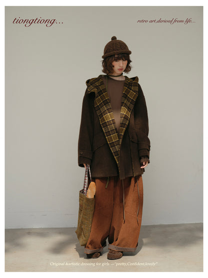 ２色展開◇ダブルフェイスウール×ヤク×シルクで暖かドロップショルダーゆったり フーディーコート◇