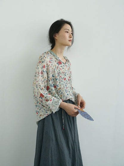 首元のリボン使いがポイントに◇フラワー＆バード プリントが美しい ラミー ブラウス シャツ◇