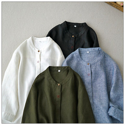 4色展開☆ゆったりシルエットリネン ステッチデザイン バンドカラーシャツ☆ M/L/XL