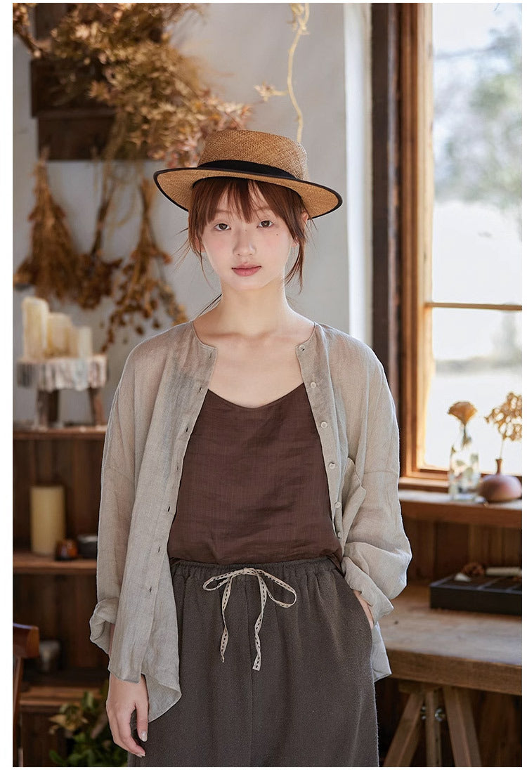 ◇ドロップショルダー刺繍入りリネンノーカラーシャツ◇