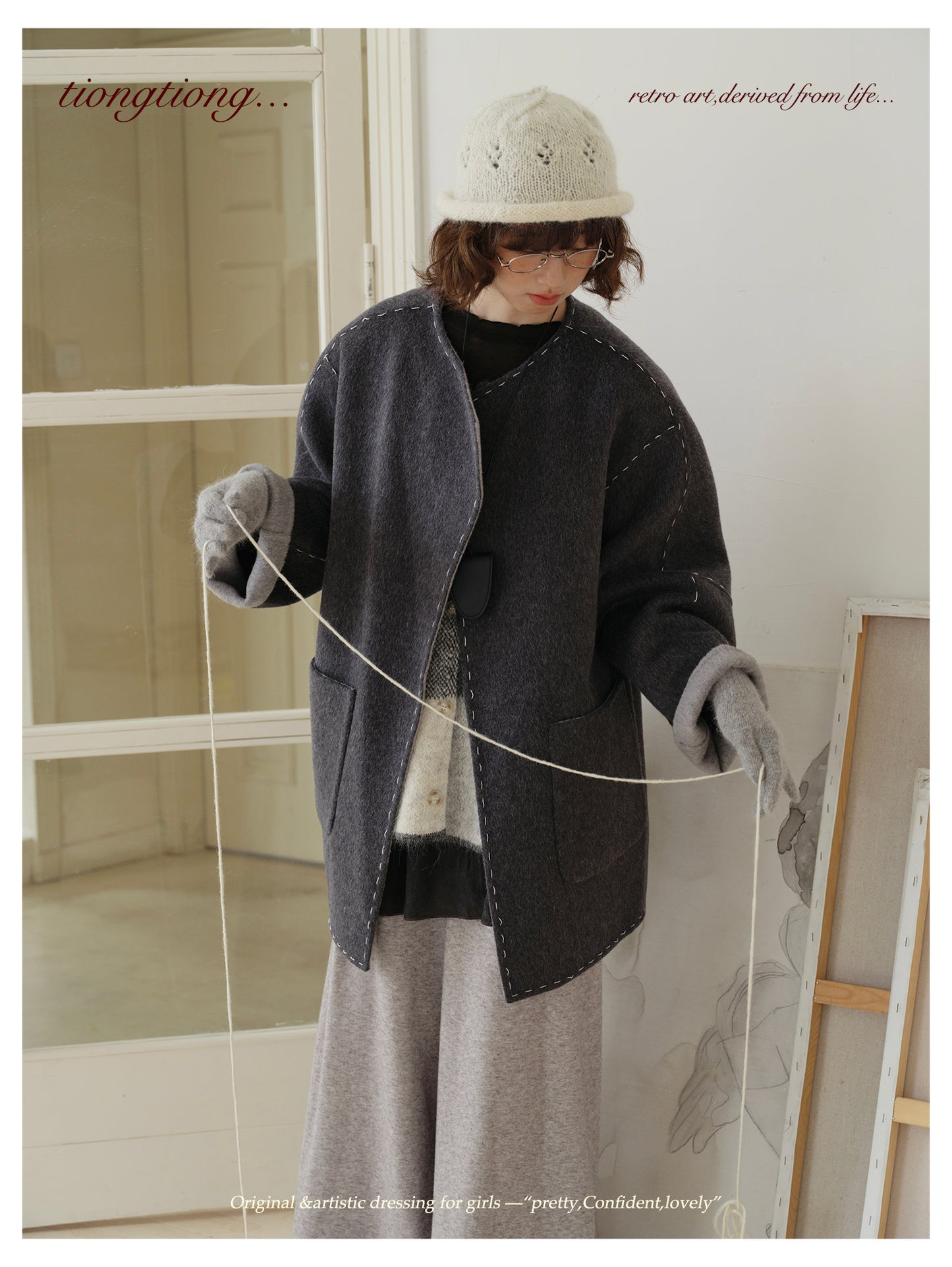 △ダブルフェイスウールで暖か ハンドステッチがポイントに。ドロップショルダーゆったり  ノーカラーコート△