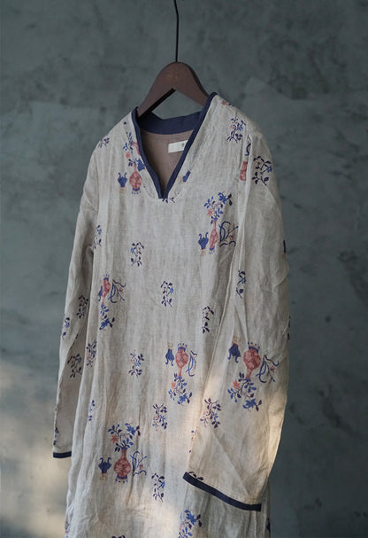 ◇可愛いボタニックプリント◇リネンワンピースドレス◇