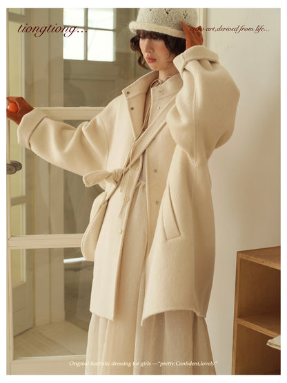 ２色展開△ダブルフェイスウール×キャメルで暖か ドロップショルダーゆったり  スタンドカラーコート△バッグ付き