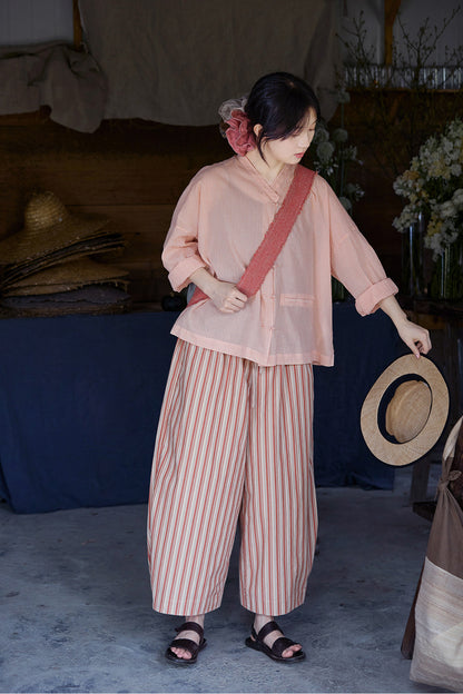夏に履きたい色味◇上質なストライプコットン  9分丈ワイド イージーパンツ◇