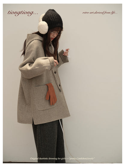 3色展開◇ダブルフェイス カシミア×メリノウールで暖かドロップショルダーゆったり フーディーコート◇