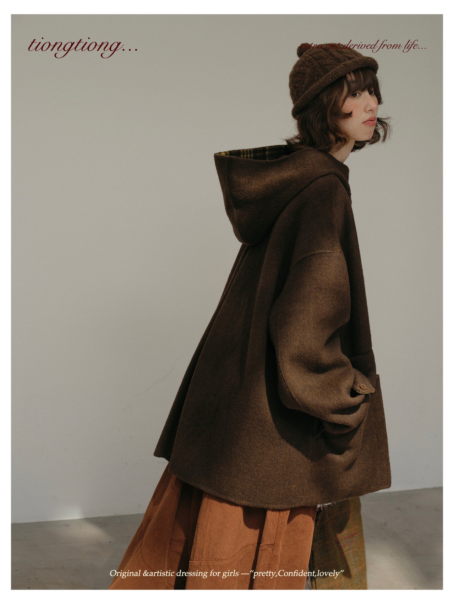 ２色展開◇ダブルフェイスウール×ヤク×シルクで暖かドロップショルダーゆったり フーディーコート◇