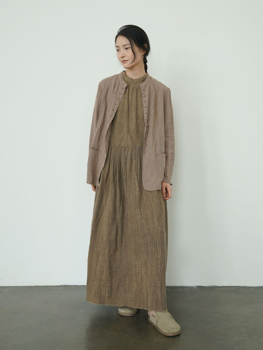 3色展開△くるみボタンが可愛い▽バンドカラーリネンジャケット△裏地付き