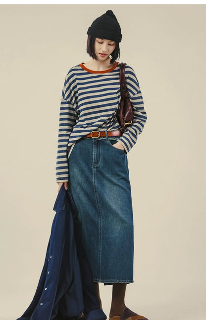 ◇赤のリンガーネックがポイントに◇100％コットン長袖ボーダーTシャツ▽