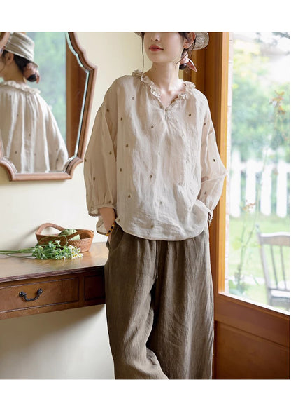 ✩フリルネック ラミー 刺繍 ドロップショルダーシャツ✩S/M/L