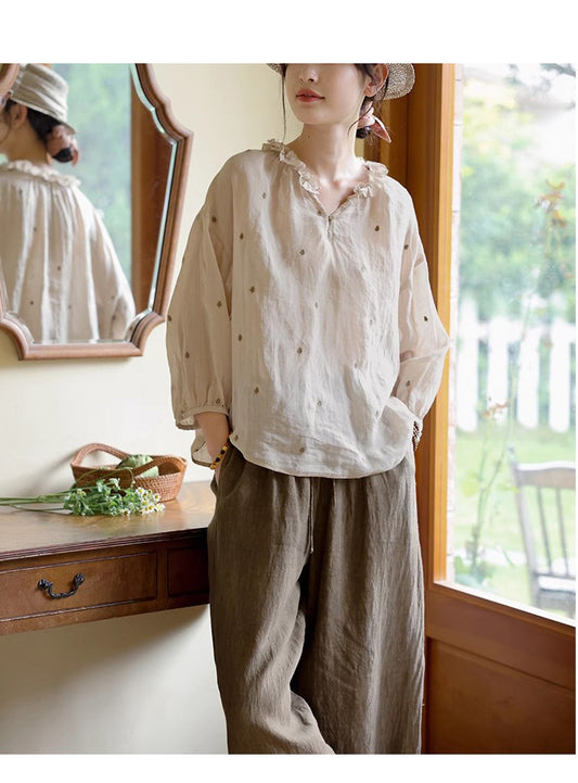 ✩フリルネック ラミー 刺繍 ドロップショルダーシャツ✩S/M/L