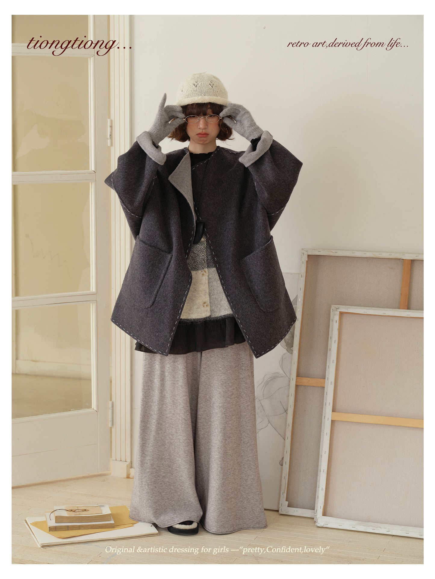 △ダブルフェイスウールで暖か ハンドステッチがポイントに。ドロップショルダーゆったり  ノーカラーコート△