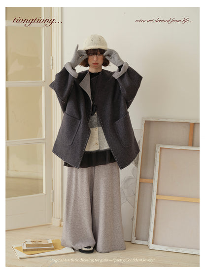 △ダブルフェイスウールで暖か ハンドステッチがポイントに。ドロップショルダーゆったり  ノーカラーコート△