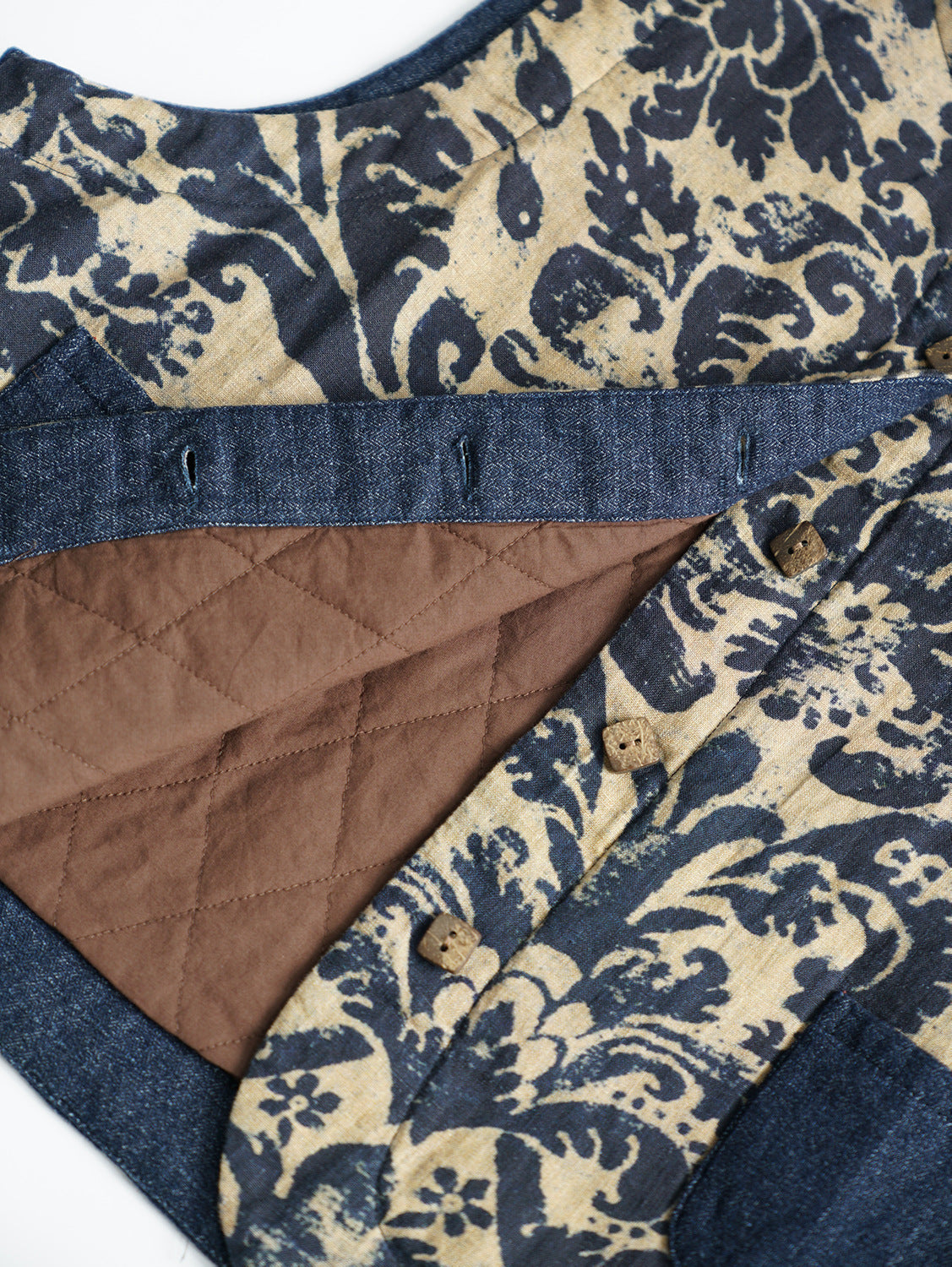 ✩バティック柄 ボタニックプリント リネン 切り替え中綿ベスト☆