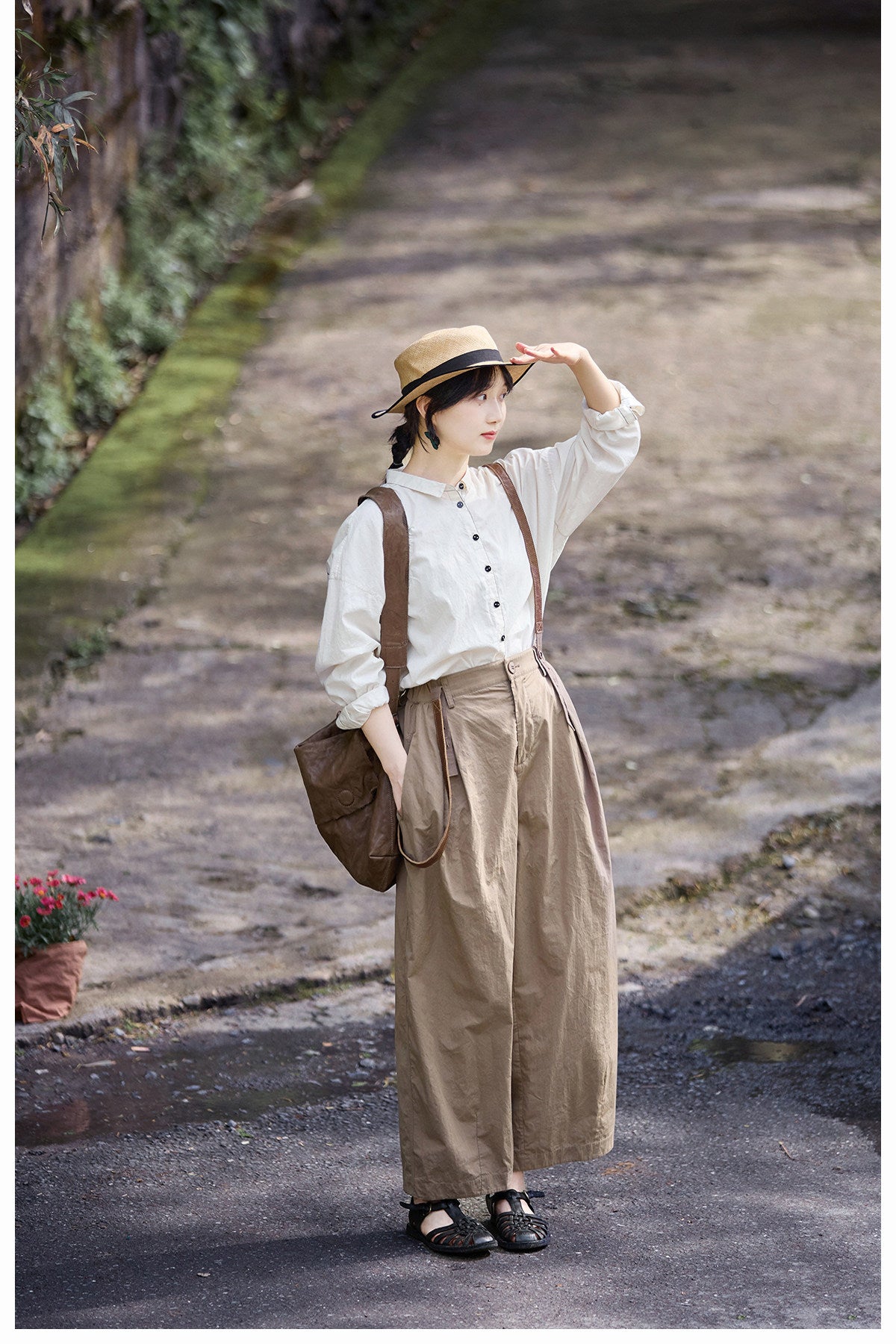 ◇コットン  サスペンダー付きフルレングスワイド イージーパンツ◇S/M/L