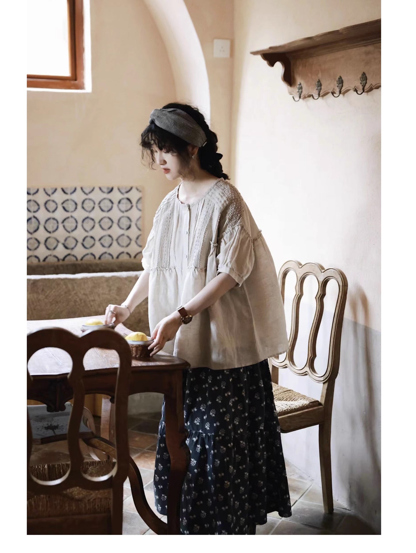 ☆レース×フリル装飾でコーデの主役に☆リネン ギャザー半袖 ブラウス☆