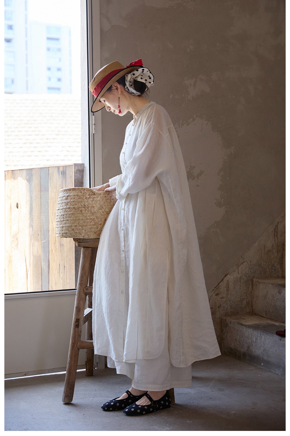 アンティークデザイン◇ソフトリネン  ドロップショルダー 前開きロングスモッグ ワンピース◇S/M/Lサイズ