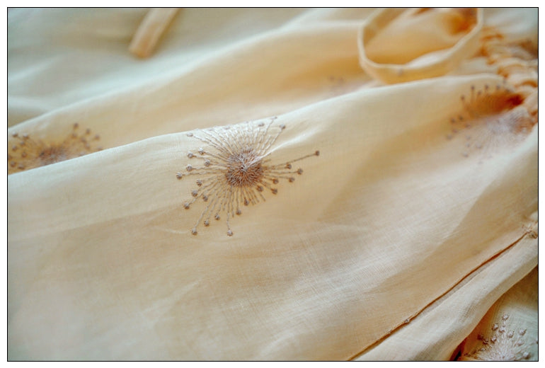 2色展開◇繊細な刺繍装飾◇ラミー苧麻100％ 7分丈ロングバンドカラーワンピース◇裏地付き