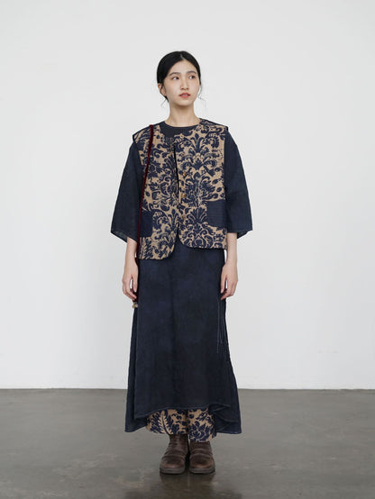 ✩バティック柄 ボタニックプリント リネン 切り替え中綿ベスト☆