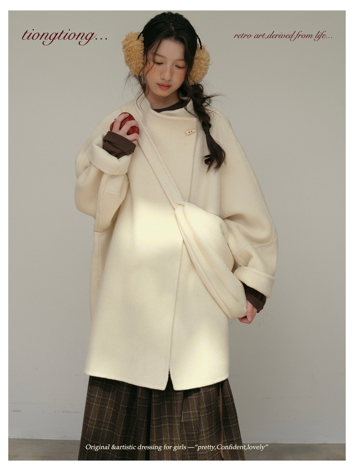 3色展開◇ダブルフェイス ウール×キャメルウールで暖かドロップショルダーゆったりコート◇バッグ付き