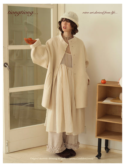 ２色展開△ダブルフェイスウール×キャメルで暖か ドロップショルダーゆったり  スタンドカラーコート△バッグ付き