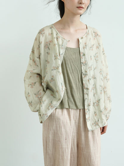 4色展開◇絶妙な色味のボタニックプリント◇ラミー ゆったりブラウス シャツ◇