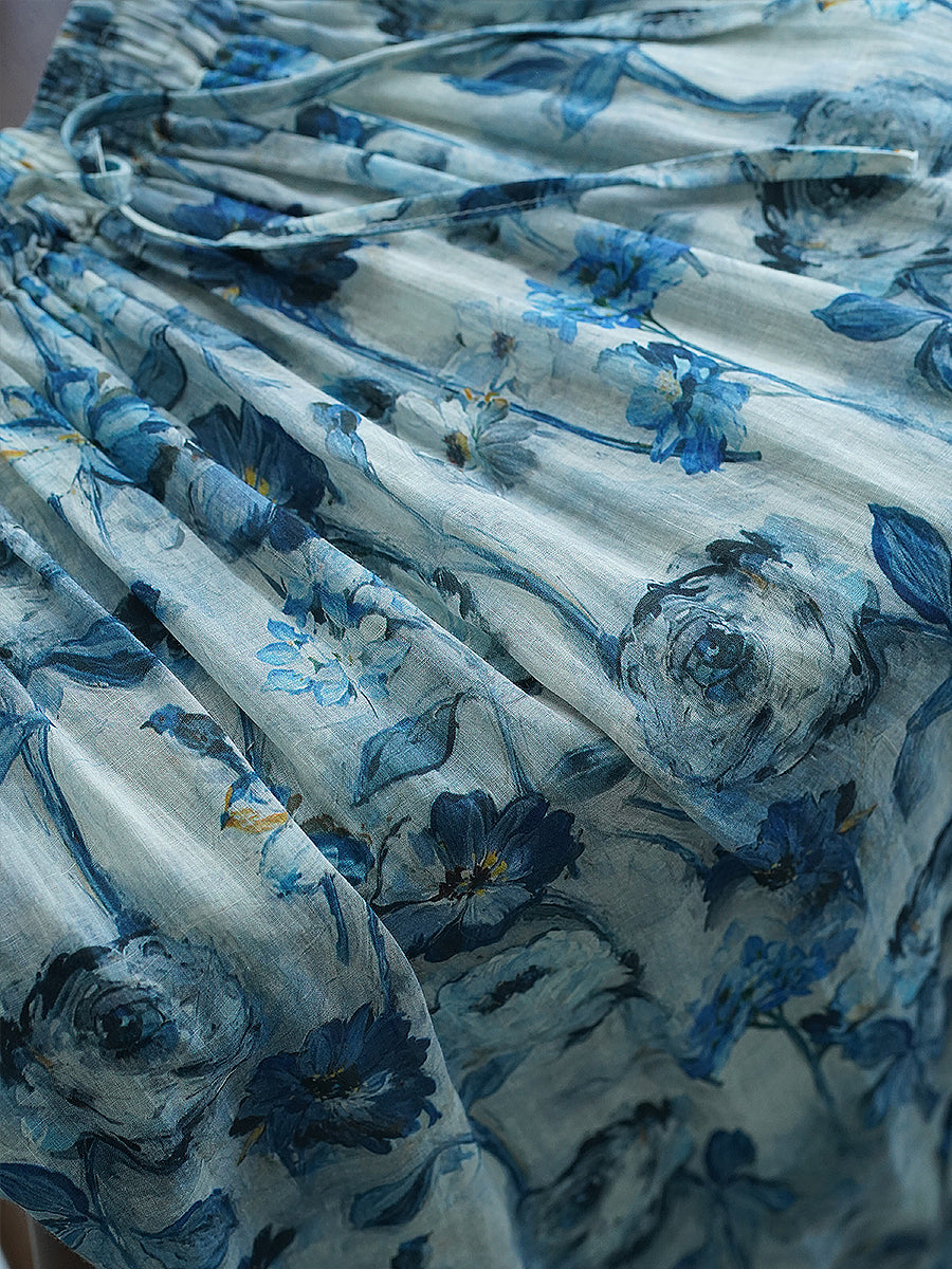 ◇油絵タッチの花柄プリントがエレガント◇ハイカウントラミーが軽やか◇イージーギャザーフラワープリント スカート◇裏地付き