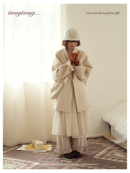 ２色展開△ダブルフェイスウール×キャメルで暖か ドロップショルダーゆったり  スタンドカラーコート△バッグ付き