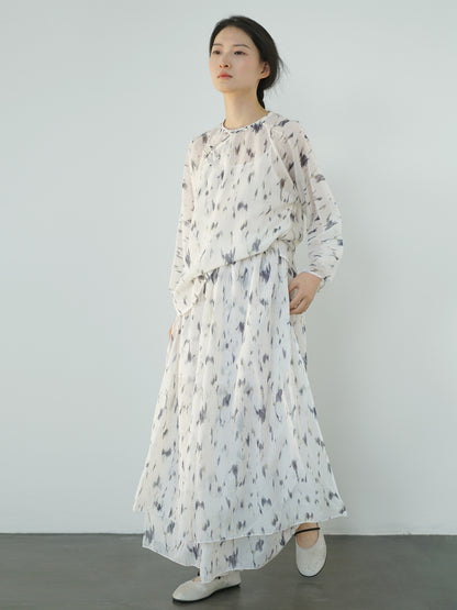 ◇水墨柄プリントが美しい◇風通し良く夏にピッタリ◇ラミーレイヤースカート◇裏地付き
