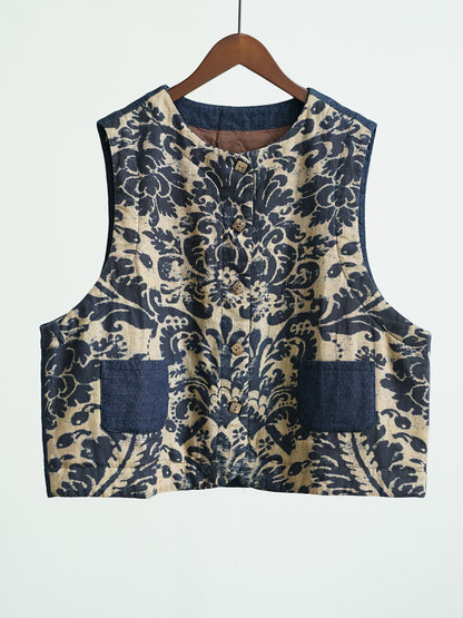 ✩バティック柄 ボタニックプリント リネン 切り替え中綿ベスト☆
