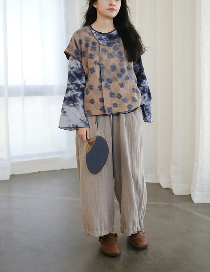 絶妙な色味のボタニックプリント☆ラミー100％で風通し良く夏にピッタリ フレンチスリーブ シャツ☆