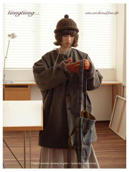 △裏地はたっぷりボアで暖か ドロップショルダーゆったり  ノーカラーコート△