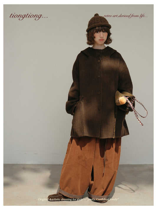 ２色展開◇ダブルフェイスウール×ヤク×シルクで暖かドロップショルダーゆったり フーディーコート◇