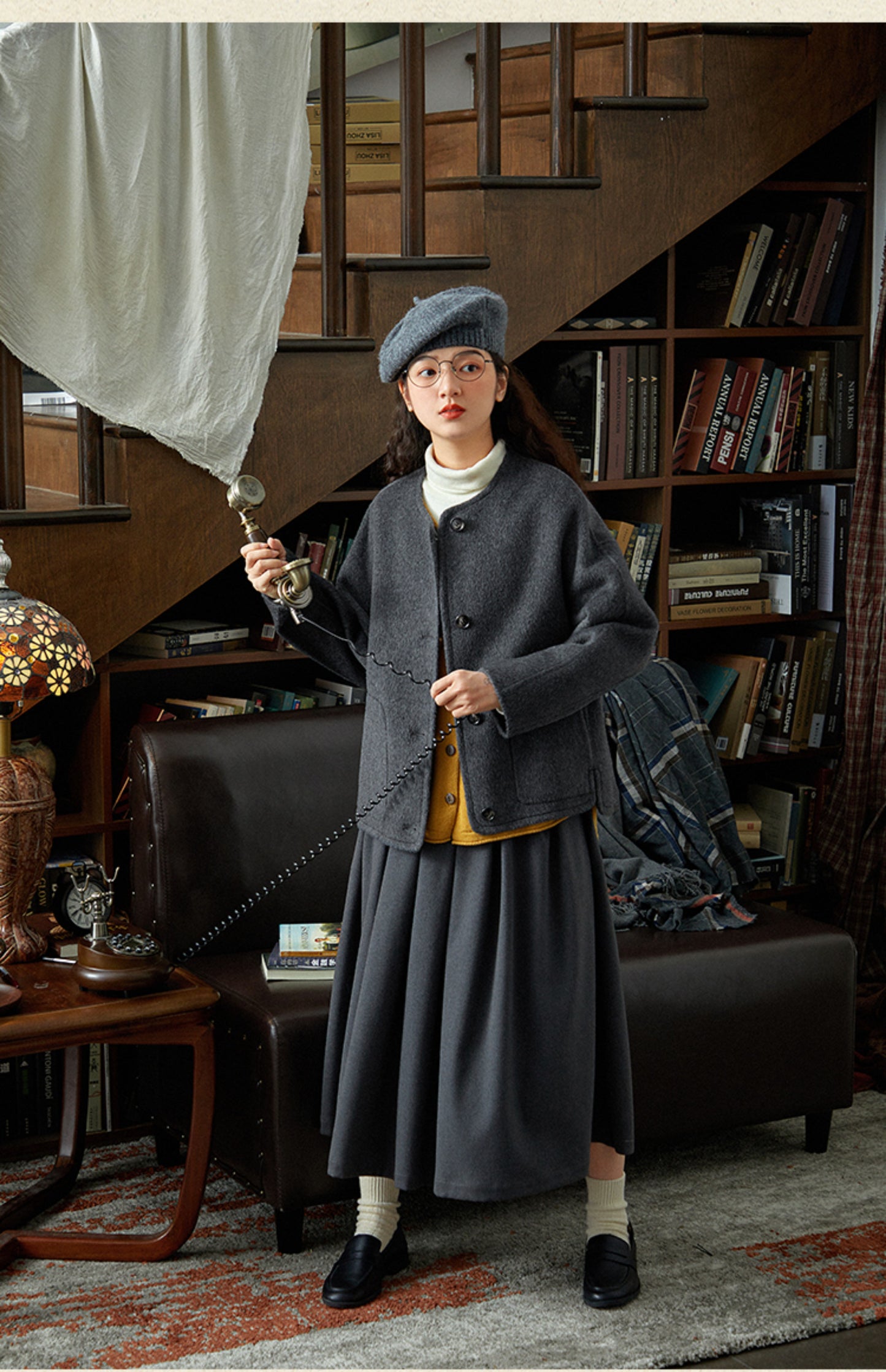 ２色展開△今年も気分のノーカラー△ウール100％ ノーカラー ドロップショルダージャケット△S/Mサイズ