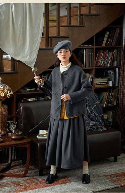 ２色展開△今年も気分のノーカラー△ウール100％ ノーカラー ドロップショルダージャケット△S/Mサイズ