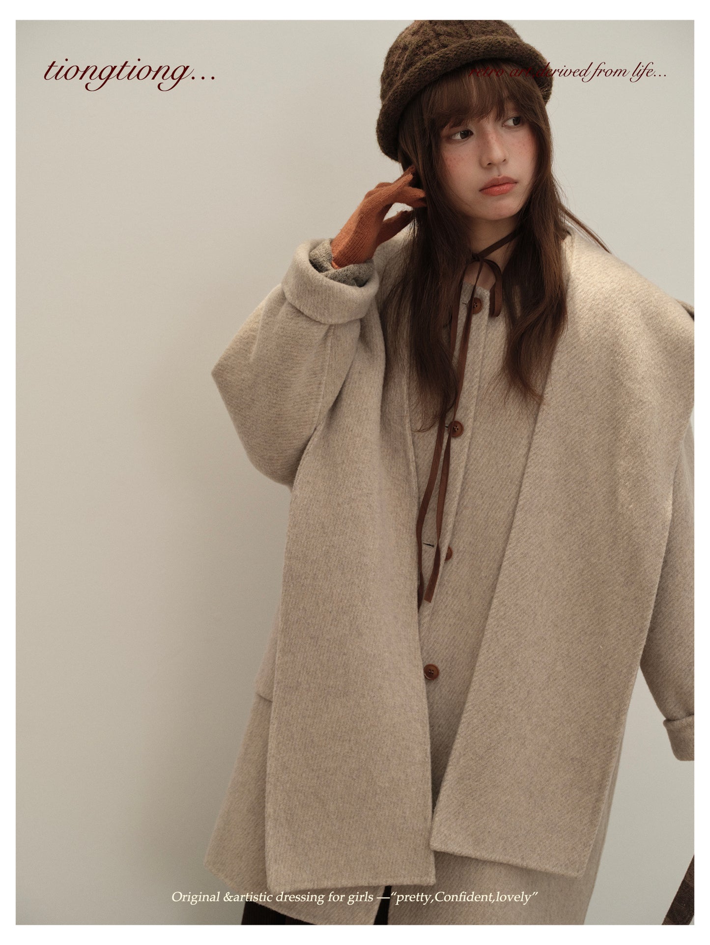 △ダブルフェイスメリノウールで暖か ドルマンスリーブゆったり  ノーカラーコート△マフラー付き